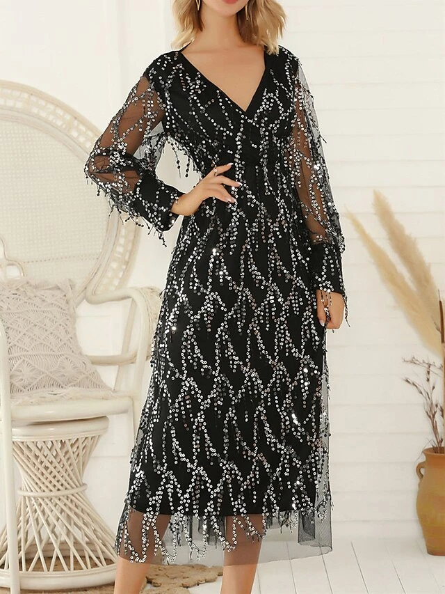 Women's Prom Dress Party Dress Fringe Dress Long Dress Maxi Dress Black Beige Long Sleeve Pure Color Sequins Summer Spring V Neck Party 2023 S M L XL 2XL 5 Women's Prom Dress Party Dress Fringe Dress Long Dress Maxi Dress Black Beige Long Sleeve Pure Color Sequins Summer Spring V Neck Party 2023 S M L XL 2XL - Image 5