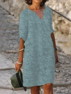 Women's Cotton Linen Dress Casual Dress Shift Dress Midi Dress Cotton Fashion Modern Outdoor Daily Vacation V Neck Print Half Sleeve Summer Spring 2023 Loose Fit White Blue Green Flower S M L XL 2XL -Party Prom Dresses Sales Store rfjqrt1679560721590