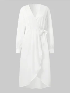 Women's Work Dress Satin Dress White Dress Fashion Midi Dress Lace Up V Neck Long Sleeve Plain Loose Fit White Fall Winter S M L XL XXL -Party Prom Dresses Sales Store rfkrfh1693374218564