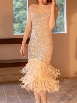 Women‘s Party Dress Fringe Dress Sequin Dress Black Dress Midi Dress White Champagne Short Sleeve Pure Color Sparkly Glitter Sequins Spring Fall Winter Crew Neck Fashion Wedding Guest Birthday -Party Prom Dresses Sales Store rgignb1692178316852