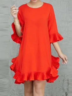 Women's Work Dress Chiffon Dress Semi Formal Dress Fashion Mini Dress Ruffle Crew Neck 3/4 Length Sleeve Plain Slim Red Fall Winter S M L XL -Party Prom Dresses Sales Store rgokku1693288208474