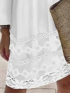 Women's Cotton Linen Dress Casual Dress Midi Dress Cotton Blend Fashion Basic Outdoor Daily Vacation Deep V Lace Patchwork Long Sleeve Summer Spring Fall 2023 Loose Fit White Plain S M L XL 2XL -Party Prom Dresses Sales Store rgxyet1681211720951