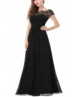 Women's Party Dress Chiffon Dress Long Dress Maxi Dress Black Wine Royal Blue Short Sleeve Pure Color Lace Summer Crew Neck Fashion 2023 S M L XL XXL