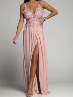 Women's Prom Dress Party Dress Lace Dress Long Dress Maxi Dress Pink Green Sleeveless Pure Color Lace Summer Spring Spaghetti Strap Party Birthday Wedding Guest Vacation 2023 S M L XL 2XL -Party Prom Dresses Sales Store rhodce1676886521043