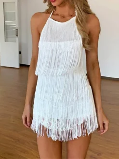 Women's Party Dress Fringe Dress Homecoming Dress Mini Dress Black White Wine Sleeveless Pure Color Tassel Fringe Spring Fall Winter Halter Neck Fashion Wedding Guest Birthday Vacation Slim 2023 S M -Party Prom Dresses Sales Store rhotxe1693535322822