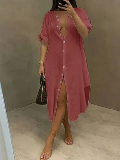 Women's Shirt Dress Casual Dress Cotton Linen Dress Midi Dress Polyester Casual Daily Casual Home Daily Holiday V Neck Button Split Long Sleeve Summer Spring Fall 2023 Loose Fit White Navy Blue Sky -Party Prom Dresses Sales Store rhzplj1689651704708
