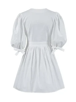 Women's Work Dress Casual Dress White Dress Fashion Daily Puff Sleeve Mini Dress Ruched Button V Neck 3/4 Length Sleeve Plain Regular Fit White Fall Winter S M L -Party Prom Dresses Sales Store rigoch1695645261824