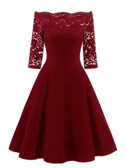 Women‘s Cocktail Party Dress Wedding Guest Dress Sheath Dress Midi Dress Wine Navy Blue Half Sleeve Solid Colored Off Shoulder Hot S M L XL XXL