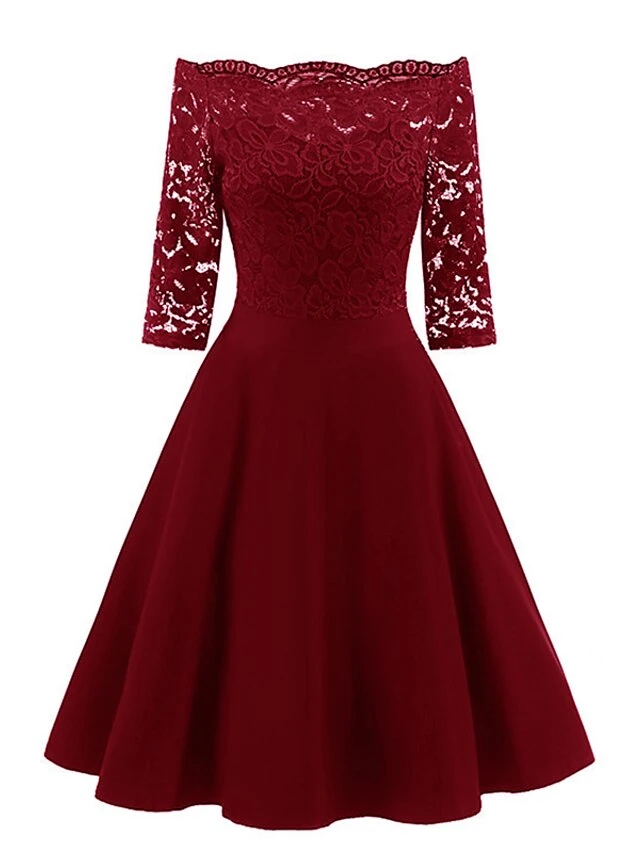 Women‘s Cocktail Party Dress Wedding Guest Dress Sheath Dress Midi Dress Wine Navy Blue Half Sleeve Solid Colored Off Shoulder Hot S M L XL XXL 1 Women‘s Cocktail Party Dress Wedding Guest Dress Sheath Dress Midi Dress Wine Navy Blue Half Sleeve Solid Colored Off Shoulder Hot S M L XL XXL