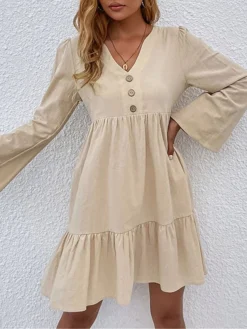 Women's Casual Dress Cotton Linen Dress Mini Dress Linen / Cotton Blend Basic Classic Outdoor Daily Vacation Split Neck Ruffle Button Long Sleeve Fall Winter Autumn 2023 Loose Fit Apricot Plain S M L -Party Prom Dresses Sales Store rixonr1695014844859