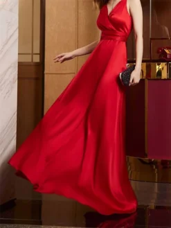 Women's Prom Dress Party Dress Satin Dress Long Dress Maxi Dress Champagne Pink Red Sleeveless Pure Color Backless Spring Fall Winter Spaghetti Strap Fashion Winter Dress Evening Party Wedding Guest