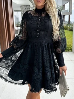 Women's Party Dress Lace Dress Homecoming Dress Mini Dress Black White Long Sleeve Pure Color Lace Summer Spring Fall Stand Collar Fashion Wedding Guest Birthday Vacation Slim 2023 S M L XL -Party Prom Dresses Sales Store rjpdns1681263748802