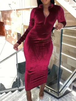 Women's Party Dress Velvet Dress Wedding Guest Dress Midi Dress Black Pink Wine Long Sleeve Pure Color Zipper Spring Fall Winter V Neck Fashion Winter Dress Evening Party Wedding Guest 2023 S M L XL -Party Prom Dresses Sales Store rkbubb1692615529628