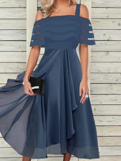 Women‘s Prom Dress Wedding Guest Dress Party Dress Midi Dress Black Short Sleeve Pure Color Ruffle Summer Spring Fall Halter Fashion Office Vacation Summer Dress S M L XL 2XL 3XL