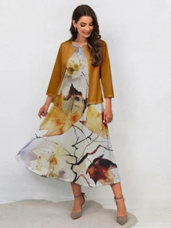 Women's Two Piece Dress Set Casual Dress Swing Dress Outdoor Office Fashion Streetwear Print Midi Dress Crew Neck 3/4 Length Sleeve Leaf Regular Fit Yellow Green Gray Fall Winter S M L XL XXL -Party Prom Dresses Sales Store rkmvgw1697681153514