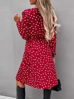 Women's Work Dress Sheath Dress Semi Formal Dress Fashion Midi Dress Lace Up Split V Neck Long Sleeve Polka Dot Loose Fit Black White Red Fall Winter S M L XL XXL -Party Prom Dresses Sales Store rkniie1692080008768