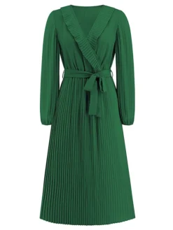 Women's Work Dress Swing Dress Black Dress Fashion Midi Dress Lace Up Ruched V Neck Long Sleeve Plain Loose Fit Black Blue Green Fall Winter S M L XL XXL -Party Prom Dresses Sales Store rknjls1693374219445