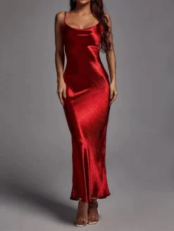 Women‘s Christmas Prom Dress Party Dress Satin Dress Long Dress Maxi Dress Red Gold Sleeveless Pure Color Backless Spring Fall Winter Spaghetti Strap Fashion Birthday Evening Party Wedding Guest
