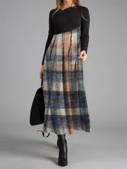 Women's Work Dress Casual Dress Swing Dress Fashion Winter Dress Daily Long Dress Maxi Dress Button Print V Neck Long Sleeve Plaid Regular Fit Yellow Red Blue Fall Winter S M L XL XXL