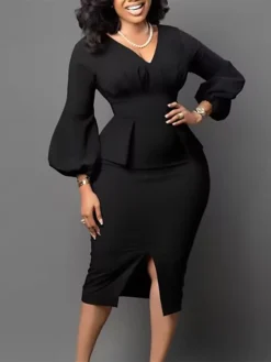 Women's Work Dress Sheath Dress Black Dress Fashion Puff Sleeve Midi Dress Ruched Split V Neck Long Sleeve Plain Regular Fit Black White Red Fall Winter S M L XL XXL