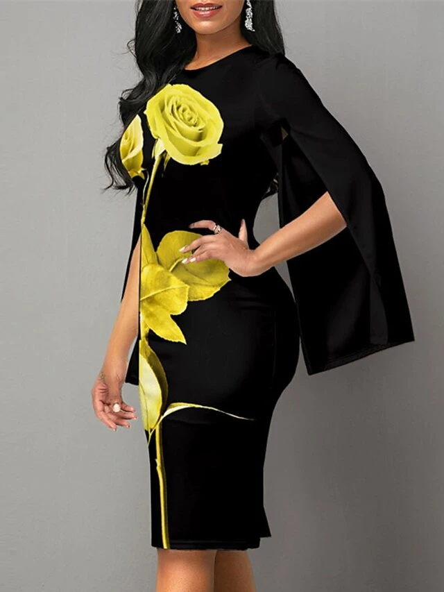 Women's Bodycon Sheath Dress Church Dress Midi Dress Black White Long Sleeve Floral Split Summer Spring Crew Neck Stylish Winter Dress Fall Dress 2023 S M L XL XXL 2 Women's Bodycon Sheath Dress Church Dress Midi Dress Black White Long Sleeve Floral Split Summer Spring Crew Neck Stylish Winter Dress Fall Dress 2023 S M L XL XXL - Image 2