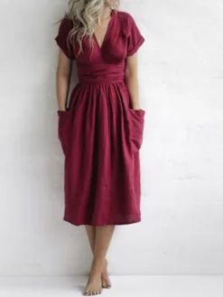 Women's Casual Dress Cotton Linen Dress A Line Dress Midi Dress Polyester Fashion Street Style Outdoor Daily Date V Neck Pocket Strappy Short Sleeve Summer Spring 2023 Regular Fit Pink Wine Brown