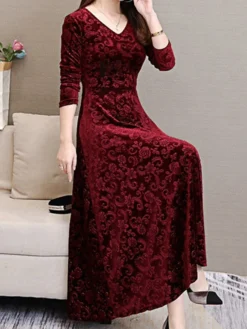 Women's Party Dress Velvet Dress Swing Dress Midi Dress Black Red Green Long Sleeve Floral Jacquard Spring Fall Winter V Neck Fashion Winter Dress Wedding Guest Vacation Slim 2023 M L XL XXL 3XL -Party Prom Dresses Sales Store rlvktm1630489602378