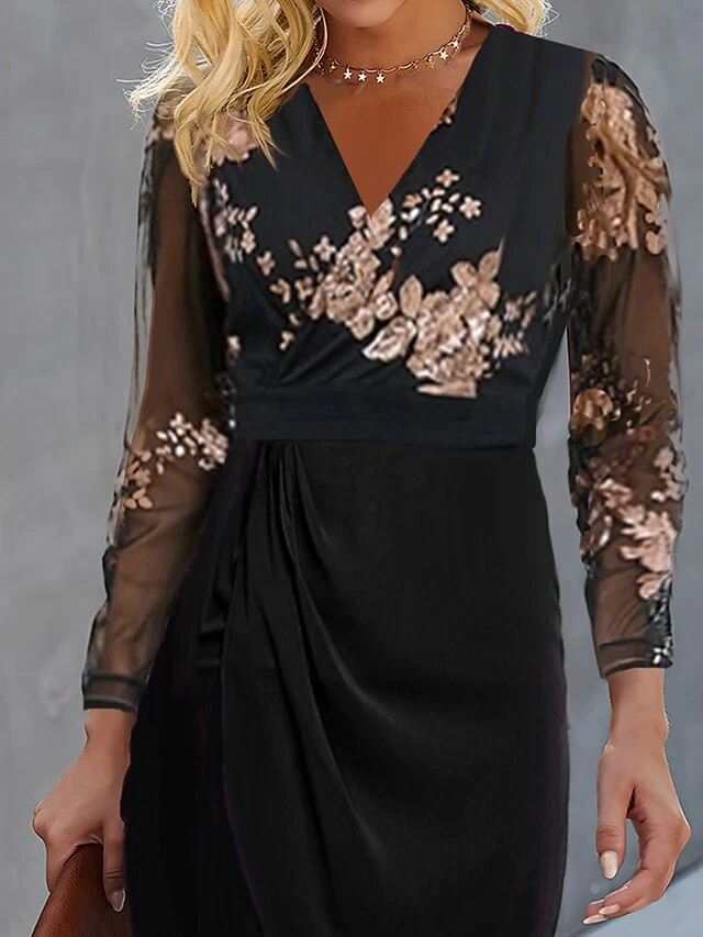 Women's Party Dress Cocktail Dress Wedding Guest Dress Midi Dress Black Long Sleeve Floral Mesh Spring Fall Winter V Neck Party Winter Dress Wedding Guest Vacation 2023 S M L XL XXL 3XL 2 Women's Party Dress Cocktail Dress Wedding Guest Dress Midi Dress Black Long Sleeve Floral Mesh Spring Fall Winter V Neck Party Winter Dress Wedding Guest Vacation 2023 S M L XL XXL 3XL - Image 2