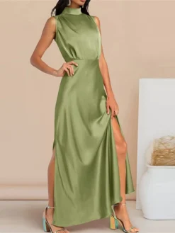 Women's Prom Dress Party Dress Satin Dress Long Dress Maxi Dress Black Light Green Wine Sleeveless Pure Color Split Summer Spring Stand Collar Fashion Evening Party Wedding Guest Vacation Loose Fit -Party Prom Dresses Sales Store rngbcg1678413540240