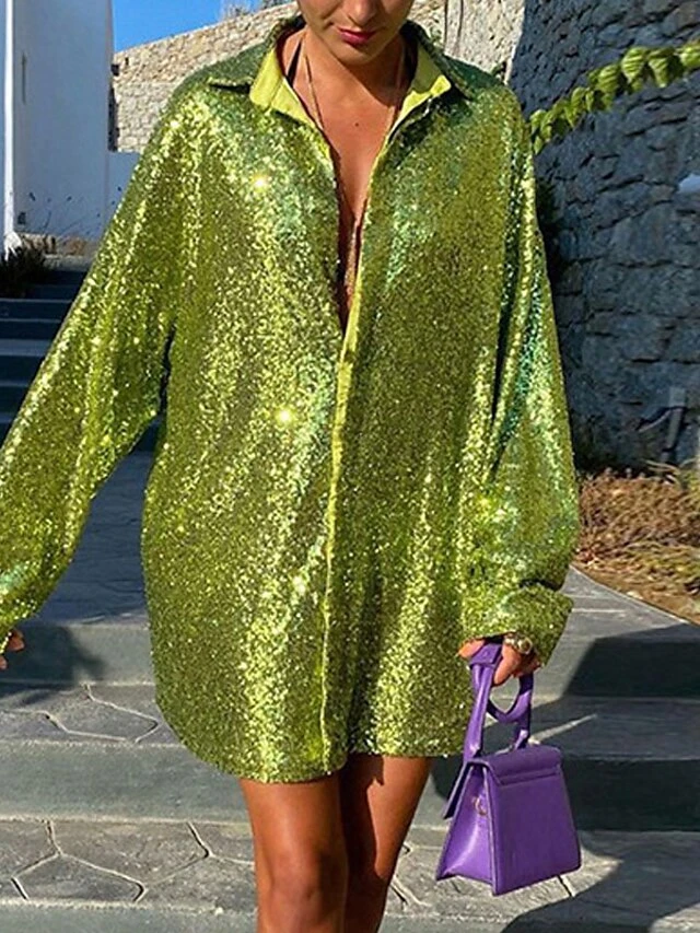 Women's Shirt Dress Party Dress Sequin Dress Mini Dress Light Pink Blue Green Long Sleeve Pure Color Sequins Spring Fall Winter Shirt Collar Fashion Winter Dress Vacation Fall Dress 2023 S M L 10 Women's Shirt Dress Party Dress Sequin Dress Mini Dress Light Pink Blue Green Long Sleeve Pure Color Sequins Spring Fall Winter Shirt Collar Fashion Winter Dress Vacation Fall Dress 2023 S M L - Image 10