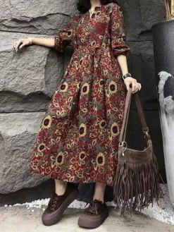 Women's Casual Dress Cotton Linen Dress Swing Dress Maxi Long Dress Linen Cotton Blend Daily Casual Outdoor Daily Vacation Split Neck Button Print Long Sleeve Spring Fall Winter 2023 Loose Fit Yellow -Party Prom Dresses Sales Store rnrody1695284227802