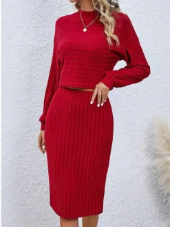 Women's Two Piece Dress Set Casual Dress Skirt Set Outdoor Daily Active Fashion Ribbed Midi Dress Turtleneck Long Sleeve Plain Loose Fit Black Wine Gray Fall Winter S M L XL XXL -Party Prom Dresses Sales Store rnxcvb1693294050882