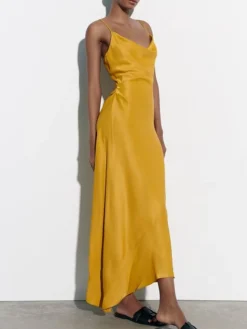 Women's Prom Dress Party Dress Satin Dress Midi Dress Yellow Pink Sleeveless Pure Color Ruched Fall Winter Autumn Spaghetti Strap Fashion Evening Party Vacation 2023 S M L -Party Prom Dresses Sales Store roiivl1695268632259