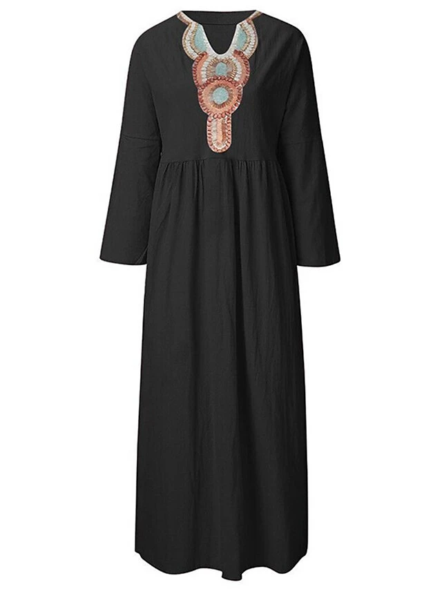 Women's Casual Dress Cotton Linen Dress Tiered Dress Maxi Long Dress Linen / Cotton Blend Fashion Gothic Outdoor Daily Vacation V Neck Print Long Sleeve Summer Spring Fall 2023 Loose Fit Black Blue 2 Women's Casual Dress Cotton Linen Dress Tiered Dress Maxi Long Dress Linen / Cotton Blend Fashion Gothic Outdoor Daily Vacation V Neck Print Long Sleeve Summer Spring Fall 2023 Loose Fit Black Blue - Image 2