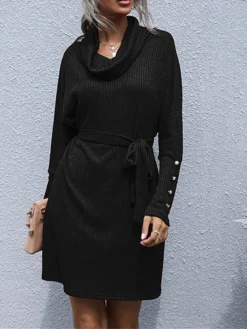 Women‘s Christmas Sweater Dress Jumper Dress Winter Dress Fashion Party Outdoor Christmas Street Crew Neck Long Sleeve Lace Up Ruched 2023 Loose Fit Black Wine S M L XL -Party Prom Dresses Sales Store roovan1695120157726