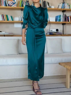 Women's Work Dress Satin Dress Semi Formal Dress Fashion Long Dress Maxi Dress Split Stand Collar Long Sleeve Plain Regular Fit Black Blue Sky Blue Fall Winter S M L XL -Party Prom Dresses Sales Store ropege1692761657432