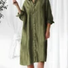 Women's Shirt Dress Casual Dress Cotton Linen Dress Midi Dress Linen / Cotton Blend Basic Classic Outdoor Daily Vacation Shirt Collar Button Long Sleeve Spring Fall Autumn 2023 Loose Fit ArmyGreen
