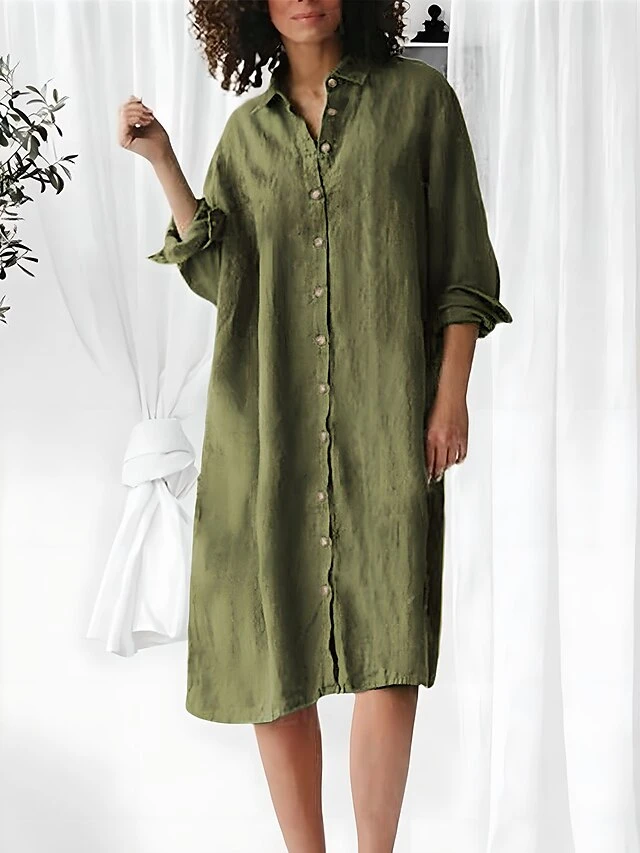 Women's Shirt Dress Casual Dress Cotton Linen Dress Midi Dress Linen / Cotton Blend Basic Classic Outdoor Daily Vacation Shirt Collar Button Long Sleeve Spring Fall Autumn 2023 Loose Fit ArmyGreen 1 Women's Shirt Dress Casual Dress Cotton Linen Dress Midi Dress Linen / Cotton Blend Basic Classic Outdoor Daily Vacation Shirt Collar Button Long Sleeve Spring Fall Autumn 2023 Loose Fit ArmyGreen