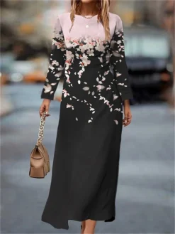 Women's Work Dress Casual Dress Semi Formal Dress Fashion Winter Dress Daily Midi Dress Print Crew Neck Long Sleeve Floral Slim Pink Purple Green Fall Winter S M L XL XXL