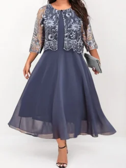 Women's Plus Size Two Piece Dress Set Party Dress Lace Dress Party Wedding Guest Fashion Elegant Lace Patchwork Midi Dress Crew Neck 3/4 Length Sleeve Plain Regular Fit Navy Blue Fall Winter L XL XXL -Party Prom Dresses Sales Store rqjflx1696906723385