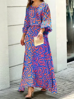 Women's Two Piece Dress Set Casual Dress Skirt Set Daily Vacation Fashion Casual Print Long Dress Maxi Dress Crew Neck Long Sleeve Floral Stripe Loose Fit White Blue Sky Blue Summer Spring S M L XL -Party Prom Dresses Sales Store rqkjux1689836910389