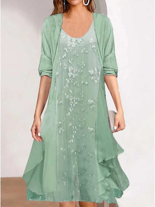 Women's Two Piece Dress Set Chiffon Dress Print Dress Formal Outdoor Fashion Mature Print Midi Dress Crew Neck Half Sleeve Floral Loose Fit Pink Blue Green Summer Spring S M L XL XXL 3 Women's Two Piece Dress Set Chiffon Dress Print Dress Formal Outdoor Fashion Mature Print Midi Dress Crew Neck Half Sleeve Floral Loose Fit Pink Blue Green Summer Spring S M L XL XXL - Image 3