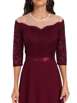 Women's Party Dress Lace Dress Cocktail Dress Midi Dress Black Wine Navy Blue 3/4 Length Sleeve Pure Color Lace Spring Fall Winter Crew Neck Fashion Winter Dress Wedding Guest Vacation 2023 S M L XL -Party Prom Dresses Sales Store rqsiag1692179550823