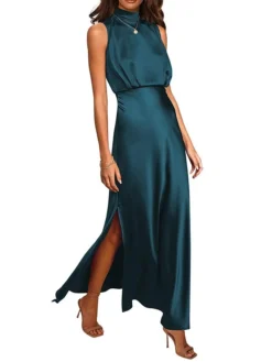 Women's Prom Dress Party Dress Satin Dress Long Dress Maxi Dress Black Light Green Wine Sleeveless Pure Color Split Summer Spring Stand Collar Fashion Evening Party Wedding Guest Vacation Loose Fit -Party Prom Dresses Sales Store rqspei1678413536715