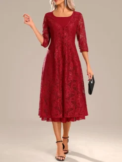 Women's Party Dress Lace Dress Cocktail Dress Midi Dress Red 3/4 Length Sleeve Pure Color Lace Spring Fall Winter Crew Neck Fashion Winter Dress Christmas Wedding Guest 2023 S M L XL XXL 3XL -Party Prom Dresses Sales Store rqtxal1697613769960