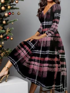 Women's Party Dress Cocktail Dress Wedding Guest Dress Midi Dress Pink Blue Gold 3/4 Length Sleeve Plaid Pocket Spring Fall Winter Deep V Fashion Winter Dress Christmas Wedding Guest 2023 S M L XL