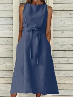 Women's Casual Dress Cotton Linen Dress A Line Dress Midi Dress Cotton And Linen Basic Classic Outdoor Daily Vacation Crew Neck Lace Up Sleeveless Summer Spring 2023 Regular Fit Navy Blue Orange -Party Prom Dresses Sales Store rrmxrb1682303569761
