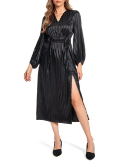 Women's Work Dress Satin Dress Black Dress Fashion Midi Dress Split V Neck Long Sleeve Plain Loose Fit Black Fall Winter S M L XL XXL
