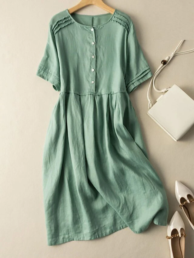 Women's Casual Dress Cotton Linen Dress Midi Dress Linen / Cotton Blend Fashion Classic Style Outdoor Daily Holiday Crew Neck Button Short Sleeve Fall Winter Autumn 2023 Loose Fit Pink Wine Green 4 Women's Casual Dress Cotton Linen Dress Midi Dress Linen / Cotton Blend Fashion Classic Style Outdoor Daily Holiday Crew Neck Button Short Sleeve Fall Winter Autumn 2023 Loose Fit Pink Wine Green - Image 4