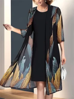 Women's Two Piece Dress Set Casual Dress Print Dress Daily Going Out Streetwear Elegant Print Midi Dress Crew Neck 3/4 Length Sleeve Graphic Regular Fit Black Spring Fall M L XL XXL 3XL